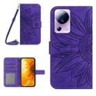 For Xiaomi 13 Lite HT04 Skin Feel Sun Flower Embossed Flip Leather Phone Case with Lanyard(Dark Purple) - 1