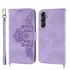 For Samsung Galaxy A34 Skin-feel Flowers Embossed Wallet Leather Phone Case(Purple) - 1