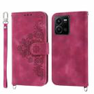 For vivo Y35 4G 2022 Skin-feel Flowers Embossed Wallet Leather Phone Case(Wine Red) - 1