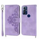 For Motorola Moto G Play 2023 Skin-feel Flowers Embossed Wallet Leather Phone Case(Purple) - 1