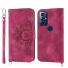 For Motorola Moto G Play 2023 Skin-feel Flowers Embossed Wallet Leather Phone Case(Wine Red) - 1