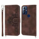 For Motorola Moto G Play 2023 Skin-feel Flowers Embossed Wallet Leather Phone Case(Brown) - 1