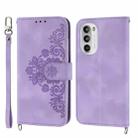 For Motorola Moto G52 Skin-feel Flowers Embossed Wallet Leather Phone Case(Purple) - 1