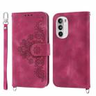 For Motorola Moto G52 Skin-feel Flowers Embossed Wallet Leather Phone Case(Wine Red) - 1