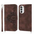 For Motorola Moto G52 Skin-feel Flowers Embossed Wallet Leather Phone Case(Brown) - 1