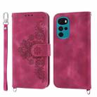 For Motorola Moto G22 Skin-feel Flowers Embossed Wallet Leather Phone Case(Wine Red) - 1