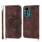 For Motorola Moto G22 Skin-feel Flowers Embossed Wallet Leather Phone Case(Brown) - 1