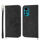 For Motorola Moto G22 Skin-feel Flowers Embossed Wallet Leather Phone Case(Black) - 1