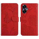 For Realme C55 HT03 Skin Feel Butterfly Embossed Flip Leather Phone Case(Red) - 1