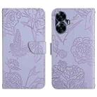 For Realme C55 HT03 Skin Feel Butterfly Embossed Flip Leather Phone Case(Purple) - 1