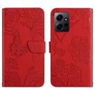 For Xiaomi Redmi Note 12 4G Global HT03 Skin Feel Butterfly Embossed Flip Leather Phone Case(Red) - 1