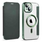 For iPhone 14 Plus MagSafe Magnetic RFID Anti-theft Leather Phone Case(Dark Green) - 1