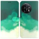 For OnePlus 11 Watercolor Pattern Flip Leather Phone Case(Cyan Green) - 1