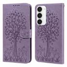 For Samsung Galaxy S23 5G Tree & Deer Pattern Pressed Printing Horizontal Flip Leather Phone Case(Purple) - 1