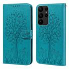 For Samsung Galaxy S23 Ultra 5G Tree & Deer Pattern Pressed Printing Horizontal Flip Leather Phone Case(Blue) - 1