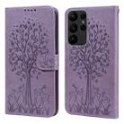 For Samsung Galaxy S23 Ultra 5G Tree & Deer Pattern Pressed Printing Horizontal Flip Leather Phone Case(Purple) - 1