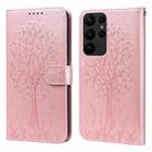 For Samsung Galaxy S23 Ultra 5G Tree & Deer Pattern Pressed Printing Horizontal Flip Leather Phone Case(Pink) - 1