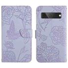 For Google Pixel 7A Skin Feel Butterfly Peony Embossed Leather Phone Case(Purple) - 1