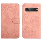 For Google Pixel 7A Skin Feel Butterfly Peony Embossed Leather Phone Case(Pink) - 1