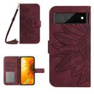 For Google Pixel 7A Skin Feel Sun Flower Pattern Flip Leather Phone Case with Lanyard(Wine Red) - 1