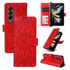 For Samsung Galaxy Z Fold4 5G Embossed Sunflower Leather Phone Case(Red) - 1
