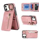 For iPhone 12 Retro Ring and Zipper RFID Card Slot Phone Case(Pink) - 1