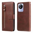 For vivo Y02 4G Calf Texture Zipper Leather Phone Case(Brown) - 1