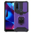 For Motorola Moto G Play 2023 Camera Shield Card Slot Phone Case with Ring Holder(Purple) - 1