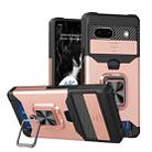 For Google Pixel 7a Camera Shield Card Slot Phone Case with Ring Holder(Rose Gold) - 1