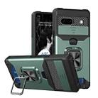 For Google Pixel 7a Camera Shield Card Slot Phone Case with Ring Holder(Dark Green) - 1