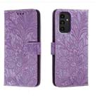 For Samsung Galaxy A14 4G Lace Flower Embossing Flip Leather Phone Case(Purple) - 1