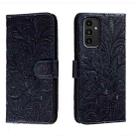 For Samsung Galaxy A14 4G Lace Flower Embossing Flip Leather Phone Case(Dark Blue) - 1