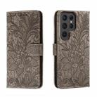 For Samsung Galaxy S23 Ultra 5G Lace Flower Embossing Flip Leather Phone Case(Grey) - 1