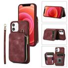 For iPhone 12 Zipper Card Bag Back Cover Phone Case(Wine Red) - 1