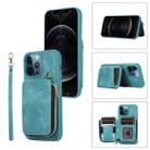 For iPhone 12 Pro Max Zipper Card Bag Back Cover Phone Case(Turquoise) - 1