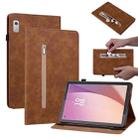 For Lenovo Tab M9 Skin Feel Solid Color Zipper Leather Tablet Case(Brown) - 1