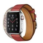 For Apple Watch Series 7 45mm / 6 & SE & 5 & 4 44mm / 3 & 2 & 1 42mm Silk Screen Pattern Leather Watch Band(Brick Red) - 1