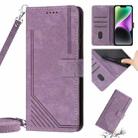 For iPhone 14 / 13 Skin Feel Stripe Pattern Leather Phone Case with Lanyard(Purple) - 1