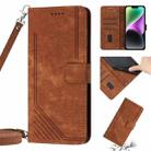 For iPhone 14 Plus Skin Feel Stripe Pattern Leather Phone Case with Lanyard(Brown) - 1