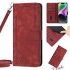 For iPhone 14 Plus Skin Feel Stripe Pattern Leather Phone Case with Lanyard(Red) - 1