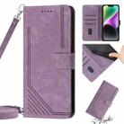 For iPhone 14 Plus Skin Feel Stripe Pattern Leather Phone Case with Lanyard(Purple) - 1