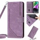 For iPhone 14 Pro Skin Feel Stripe Pattern Leather Phone Case with Lanyard(Purple) - 1