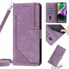 For iPhone 13 mini Skin Feel Stripe Pattern Leather Phone Case with Lanyard(Purple) - 1
