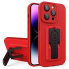 For iPhone 13 Pro Strap Holder Shockproof Protective Phone Case with Lens Film(Red + Black) - 1