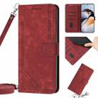 For OnePlus 10T 5G Global Skin Feel Stripe Pattern Leather Phone Case with Lanyard(Red) - 1