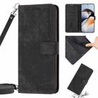 For OnePlus 10T 5G Global Skin Feel Stripe Pattern Leather Phone Case with Lanyard(Black) - 1