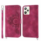 For OPPO Reno8 4G Global Skin-feel Flowers Embossed Wallet Leather Phone Case(Wine Red) - 1