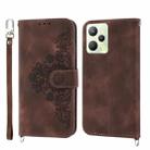 For OPPO Reno8 4G Global Skin-feel Flowers Embossed Wallet Leather Phone Case(Brown) - 1