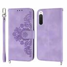 For Sony Xperia 1 V 5G Skin-feel Flowers Embossed Wallet Leather Phone Case(Purple) - 1