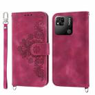 For Xiaomi Redmi 12C/11A Skin-feel Flowers Embossed Wallet Leather Phone Case(Wine Red) - 1